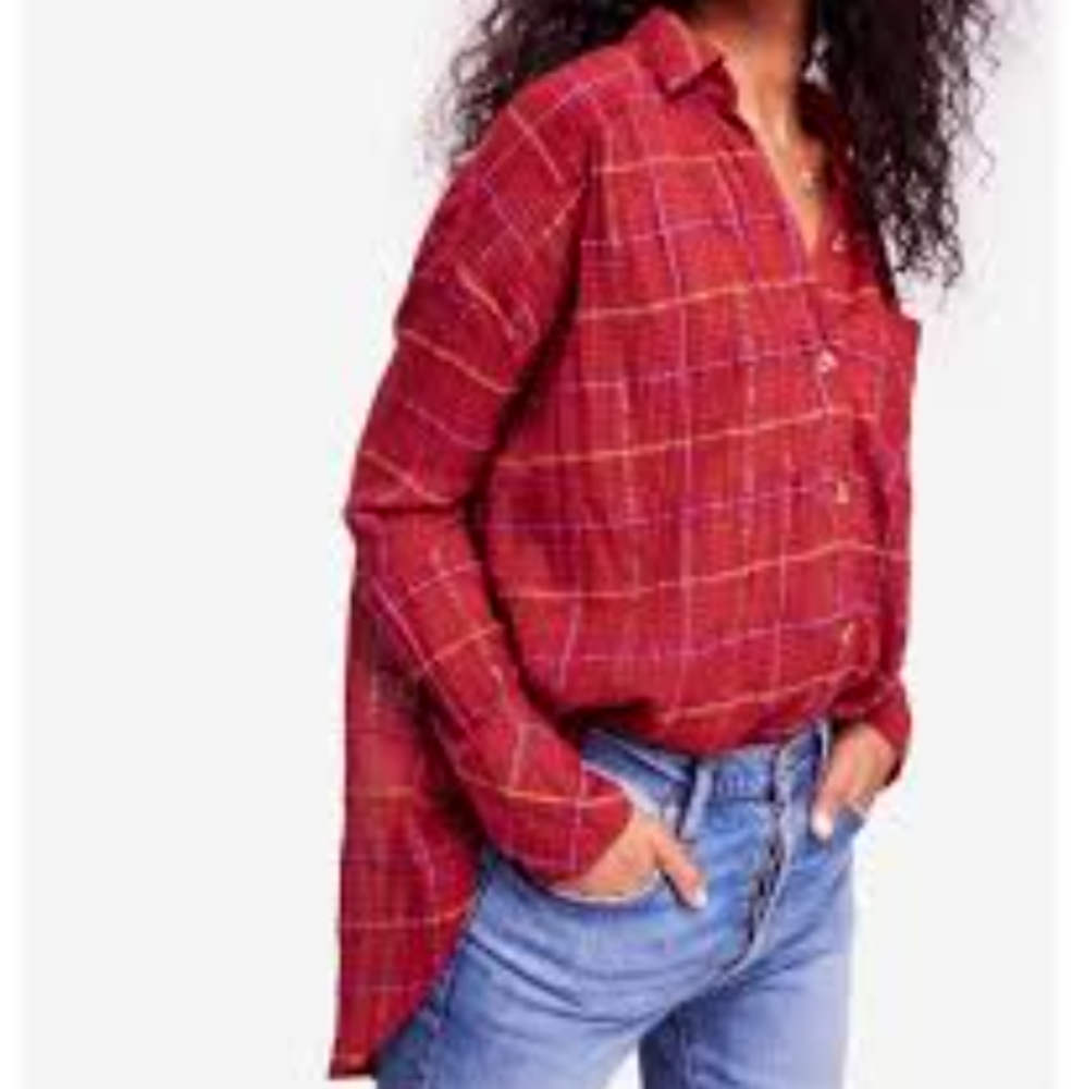 Free People size M button up red plaid top